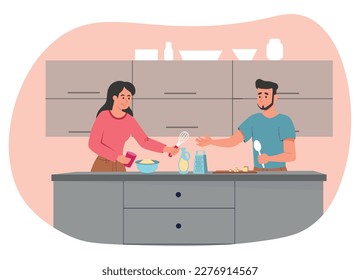 Cooking in two concept. Man with spoon and woman with mixer in kitchen. Preparation of tasty food and bakery products, homemade. Couple together prepare breakfast. Cartoon flat vector illustration