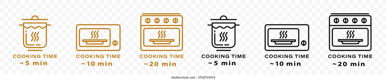 Cooking type and cooking time icon. The cooking time for food in a saucepan, microwave and oven. Instructions for packaging food products. Isolated vector elements.	
