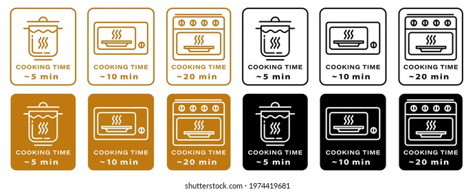 Cooking type and cooking time icon. The cooking time for food in a saucepan, microwave and oven. Instructions for packaging food products. Isolated vector elements.	
