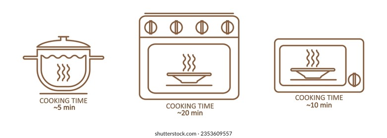 Cooking type and cooking time icon. The cooking time for food in a saucepan, microwave and oven. Instructions for packaging food products. Isolated vector elements.