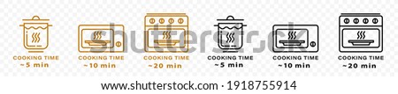 Cooking type and cooking time icon. The cooking time for food in a saucepan, microwave and oven. Instructions for packaging food products. Isolated vector elements.	
