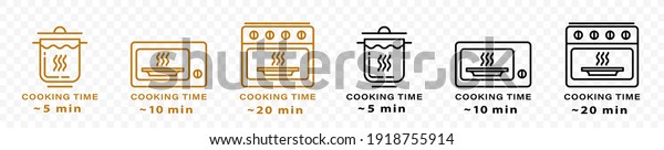 Cooking type and\
cooking time icon. The cooking time for food in a saucepan,\
microwave and oven. Instructions for packaging food products.\
Isolated vector\
elements.	\
