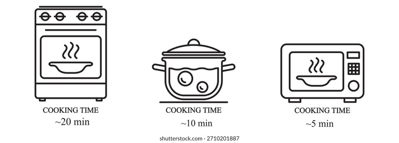 Tipo de cocción e iconos de tiempo de cocción. Indicación del tiempo de preparación de los alimentos para el uso de la cacerola, el microondas y el horno. Ideal para instrucciones de envasado de alimentos. Elementos de Vector aislados.