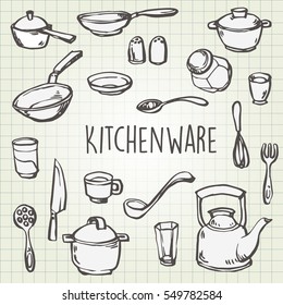 Cooking typography set. kitchenware hand-drawn background. Bon appetit. Vintage vector illustration.