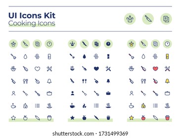 Cooking UI icons kit. Meal preparation thin line, glyph and color vector symbols set. Dinner recipe. Fork and plate. Food mobile app buttons in mint circles pack. Web design elements collection