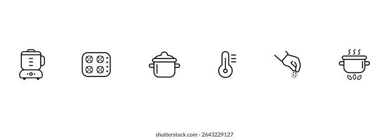 Cooking utensil appliance boiling salt spice stove blender pot temperature icon vector illustration for kitchen heat preparation process set.