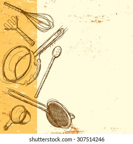 Cooking utensil background
Sketchy, hand drawn kitchen utensils on an abstract background. The items are a whisk, potato masher, wooden spoon, cooking pot, strainer, and measuring cup. 