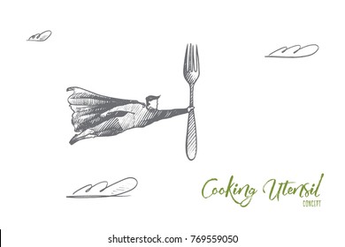 Cooking utensil concept. Hand drawn superhero with fork in his hand. Flying hero holds steel fork as symbol of cooking utensil isolated vector illustration.