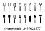 Cooking utensil icon set. Kitchen equipment collection vector illustration. Kitchenware line symbols. Cooking tools collection. Spoon, spatula, ladle, mixer, rolling pin and brush pictograms isolated