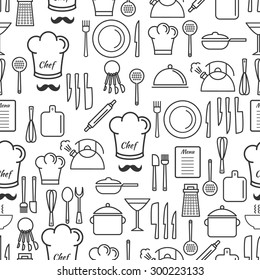 Cooking utensil line icons seamless pattern.Linear design background. Outline kitchen icons pattern. EPS10 vector illustration for your design. Easy editable masked pattern.
