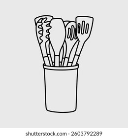 Cooking Utensil Set in a Holder. Thin Line Illustration.