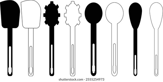 Cooking utensil set of tools. Kitchen tools black isolated vector illustration.