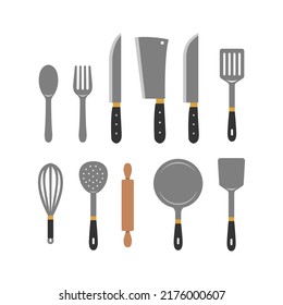 Cooking utensil set vector illustration with knife, meat knife, rolling pin, frying pan, spatula, whisk, fork and spoon