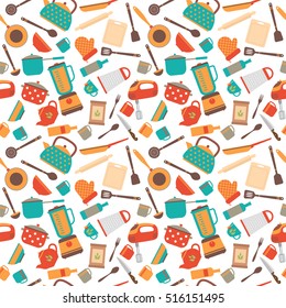 Cooking utensils background. Cute seamless pattern with kitchen tools. Vector illustration