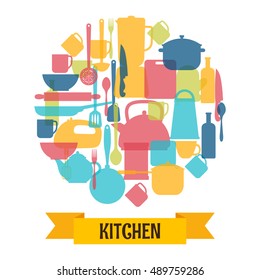 Cooking utensils background. Kitchen and restaurant equipment silhouettes. Vector illustration
