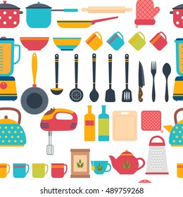 Cooking utensils background. Seamless pattern with kitchen tools. Vector illustration