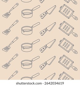 Cooking utensils background, spatula, knife, pan, and cutting board with a brown colour background