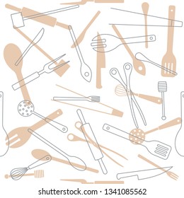 Cooking utensils brown silhouette and gray outlines seamless pattern vector illustration