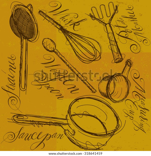 Cooking Utensils Calligraphy Sketchy Hand Drawn Stock Vector (Royalty ...