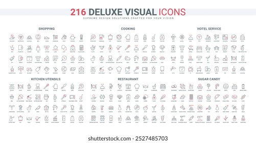 Cooking utensils, candy and sugar cake, restaurant supply and food line icon set. Hotel accommodation and reception service, shopping favorites thin black and red outline symbols vector illustration