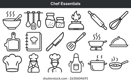 Cooking utensils chef essentials kitchen icons set
