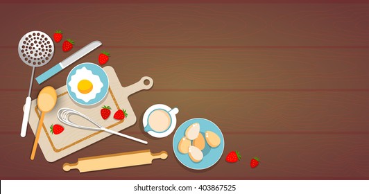 Cooking Utensils Cook Process Eggs Strawberry Cup Kitchen Table Wooden Texture With Copy Space Flat Vector Illustration