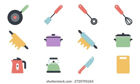 Cooking Utensils Flat Icon Set for Kitchen and Food Preparation