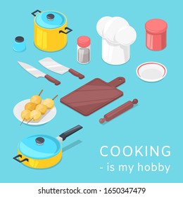 Utensilios de cocina y caricatura vectorial de fondo alimentario. Cacerolas, sartenes, verduras, utensilios de horneado con cubiertos y productos frescos saludables. Cocinar es mi afiche de afición.