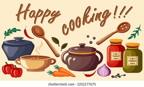 Cooking utensils and food concept, vector illustration, kitchen poster.
