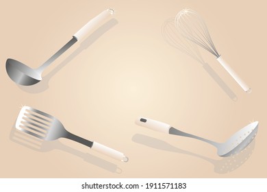 Cooking utensils frame. Ladle, slotted spoon, spatula, whisk.