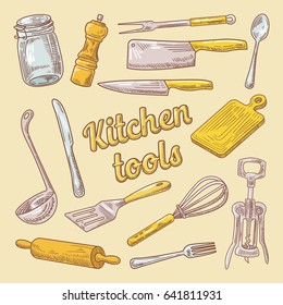 Cooking Utensils Hand Drawn Doodle. Kitchen Ware. Vector illustration