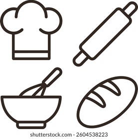 Cooking utensils including a rolling pin, mixing bowl, and freshly baked bread are featured alongside a chef hat, highlighting baking activities in the kitchen.