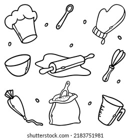 Cooking utensils and kitchen tools. Bakery tools and kitchenware Outline Hand drawn doodles Vector illustration Set. Baking supplies for design menu.