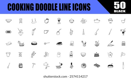 Cooking utensils and kitchen tools. hand drawn doodles black icons.