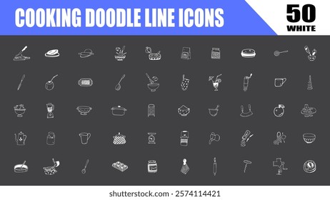 Cooking utensils and kitchen tools. hand drawn doodles white icons. line art.