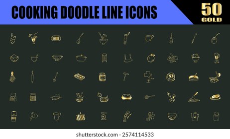 Cooking utensils and kitchen tools. hand drawn doodles gold icons. simple sign art.