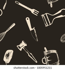 Cooking utensils and kitchen tools - seamless background doodle vector. Hand drawn sketch kitchen stuff on a brown background