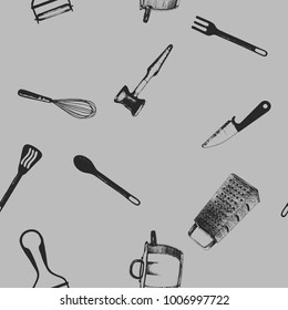 Cooking utensils and kitchen tools - seamless background doodle vector. Hand drawn sketch kitchen stuff on a gray background