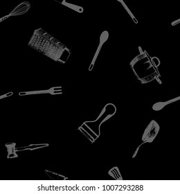 Cooking utensils and kitchen tools - seamless background doodle vector. Hand drawn sketch kitchen stuff on a blackboard background