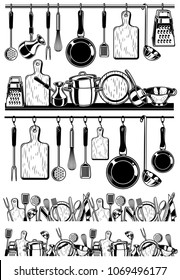 Cooking utensils and kitchen tools - seamless border set. Vector illustration.