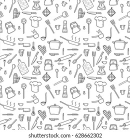 Cooking utensils and kitchen tools - seamless background doodle vector.