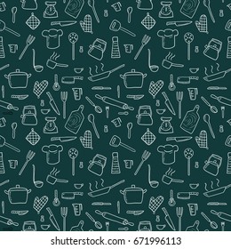 Cooking utensils and kitchen tools - seamless background doodle vector.