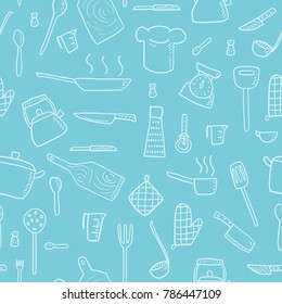 Cooking utensils and kitchen tools - seamless background doodle vector.