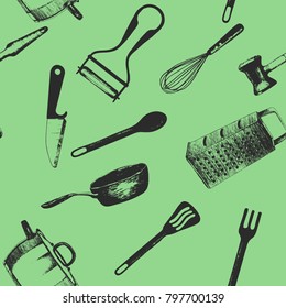 Cooking utensils and kitchen tools - seamless background doodle vector. Hand drawn sketch kitchen stuff on a green background