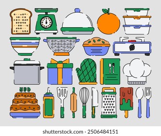 Cooking utensils and kitchenware Collection. Cookware, household tools colection. Utensil, domestic, Kitchen ware, cutlery, saucepans, board, stuff, appliances and equipment.