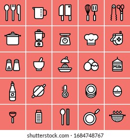 Cooking utensils, kitchenware, and culinary icons.