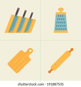 Cooking utensils, kitchenware icons isolated on a white background: knife, grater, board and rolling pin. Flat design vector illustration. 