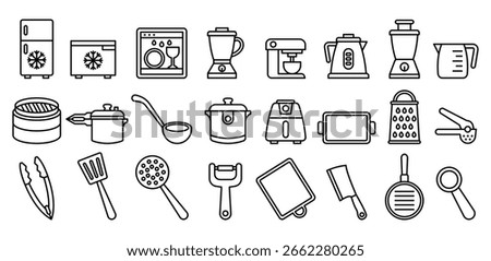Cooking Utensils Line Icon Set with Kitchenware Appliances and Food Preparation Tools, Domestic, Blender, Mixer, Rice Cooker, Baking, Symbol Vector Design Illustration Collections 