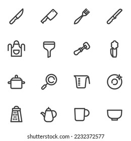 Conjunto de iconos de línea de utensilios de cocina, colección de símbolos de vector de contorno, paquete de pictogramas de estilo lineal. Señales, ilustración del logotipo. El juego incluye iconos como hacha de cocina, cuchillo, delantal, taza de medida, plato, taza 