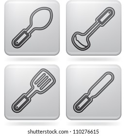 Cooking utensils, listed from left to right:  Spoon, Spatula, Ladle, Dipper, Scoop.